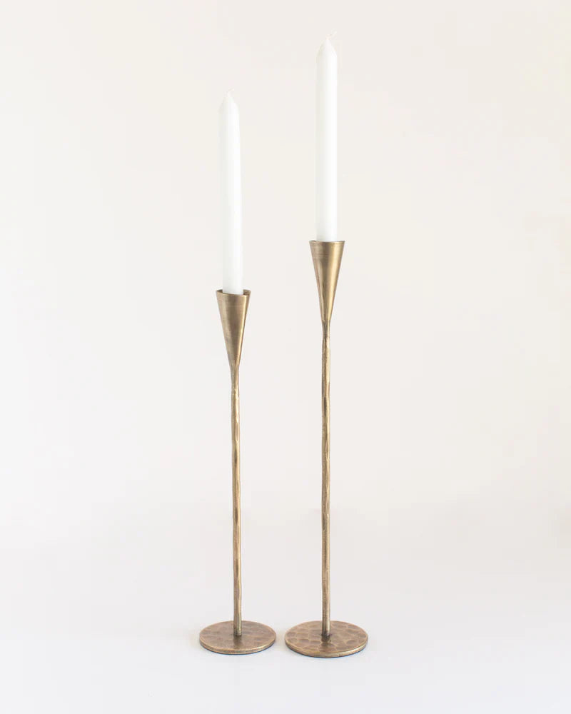 Hand-forged iron candle stands, set of two black metal taper candle holders with weighted bases