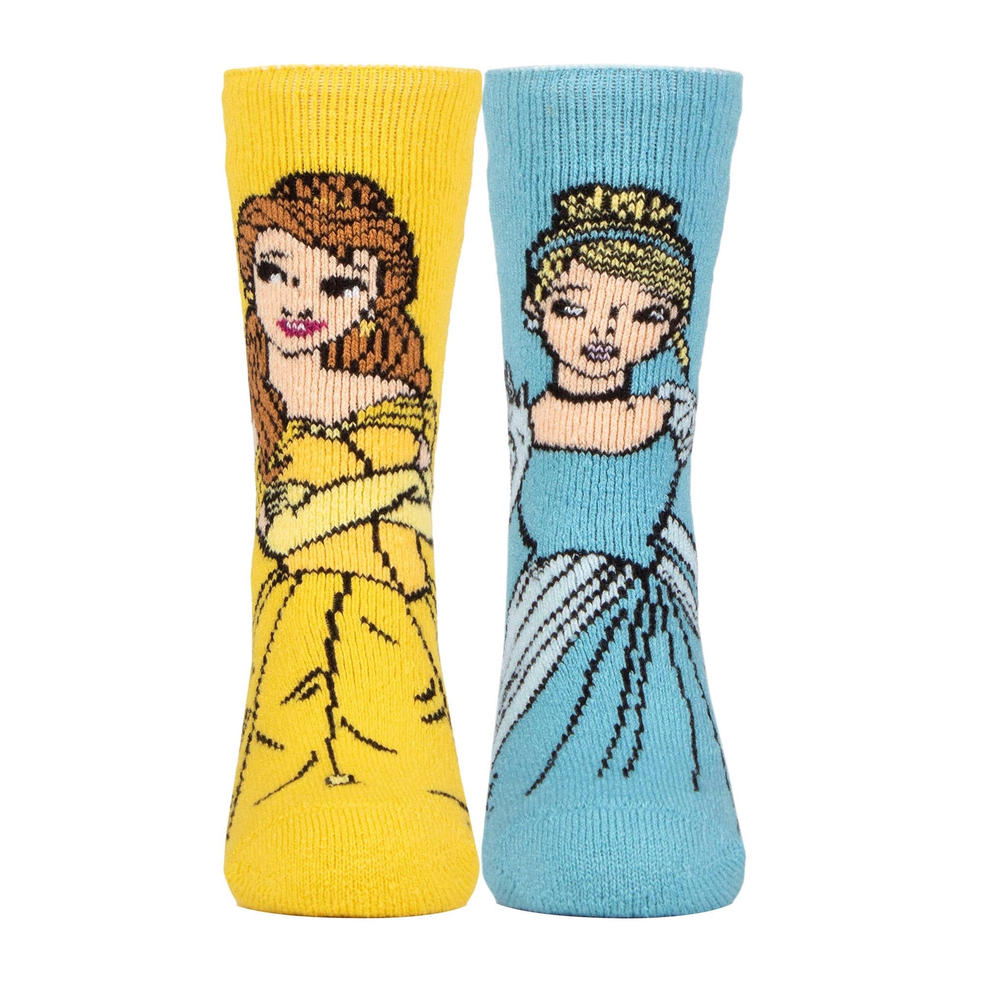 Three pack of thick girls thermal socks featuring colorful Disney Princess and Frozen character designs — view 3