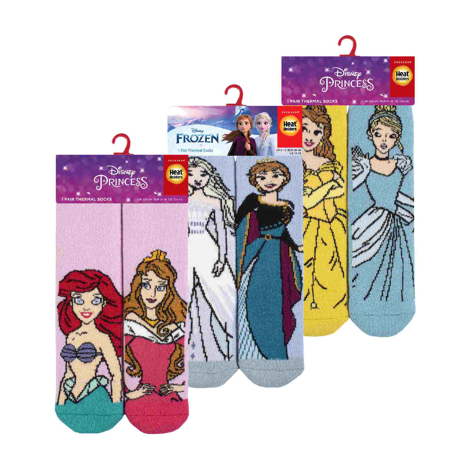 Three pack of thick girls thermal socks featuring colorful Disney Princess and Frozen character designs — view 2