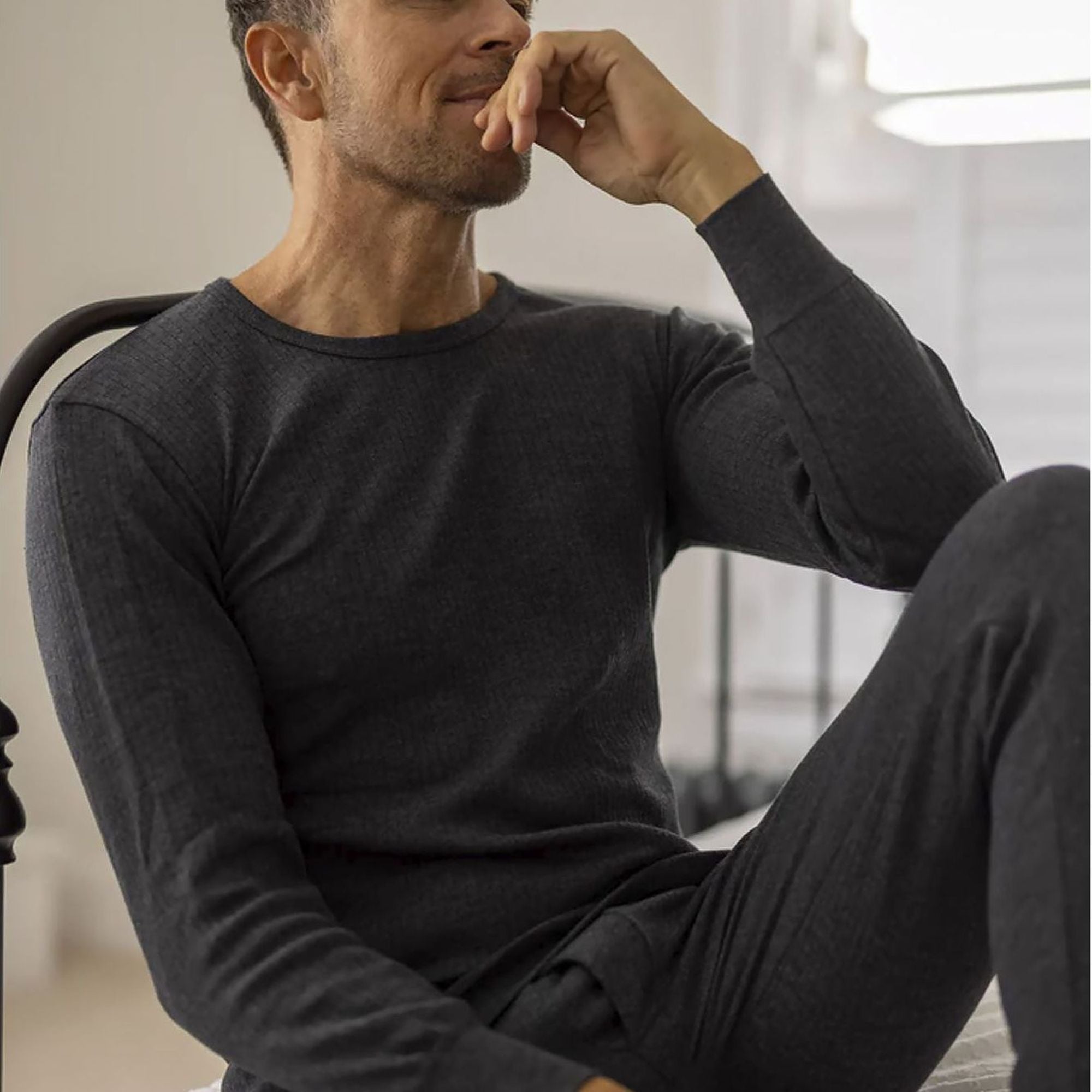 Men's thermal underwear set featuring a long sleeve top and long johns in charcoal grey — view 3