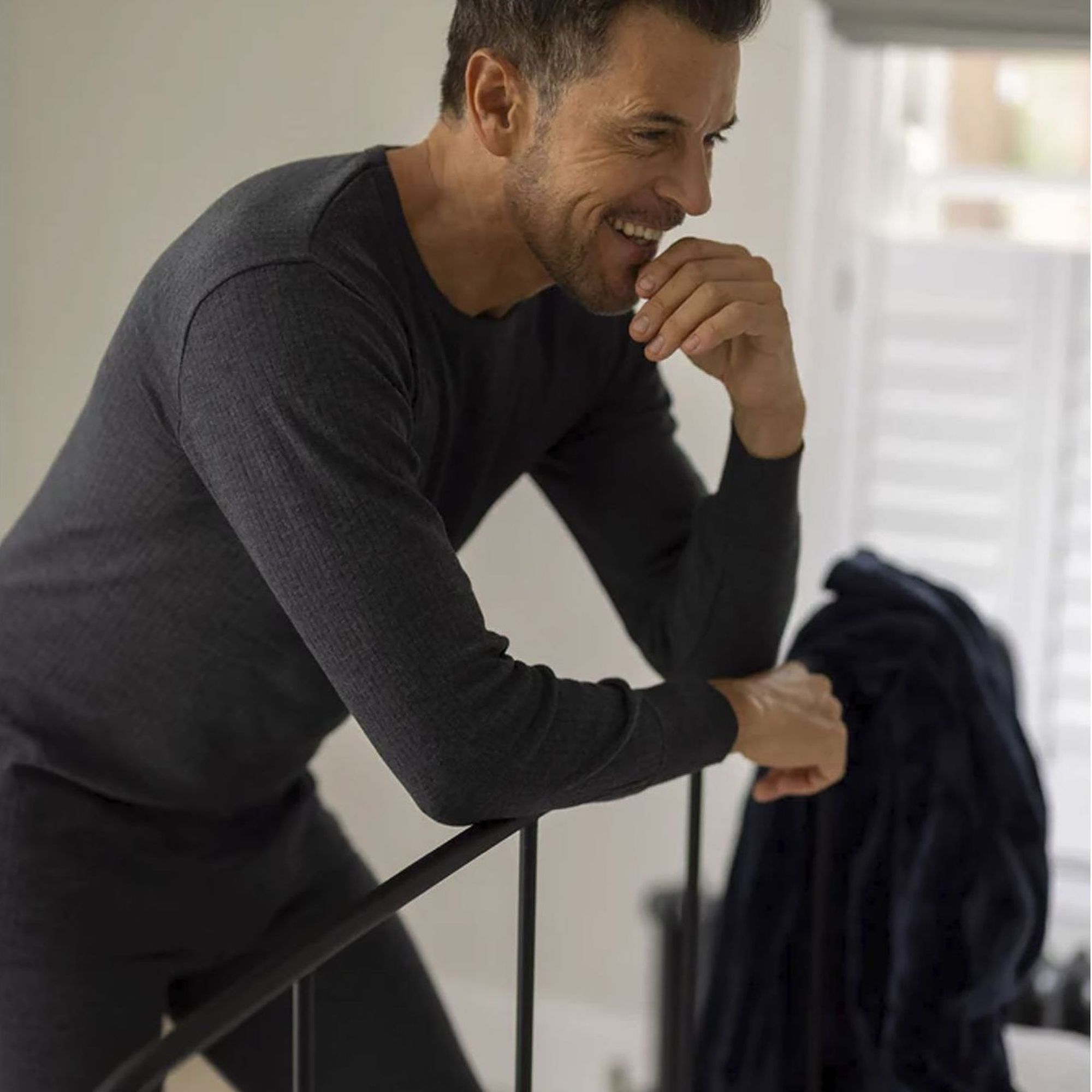 Men's thermal underwear set featuring a long sleeve top and long johns in charcoal grey — view 4