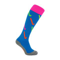 Knee-high hockey sport socks featuring colorful hockey stick designs and moisture-wicking polycolon fabric.