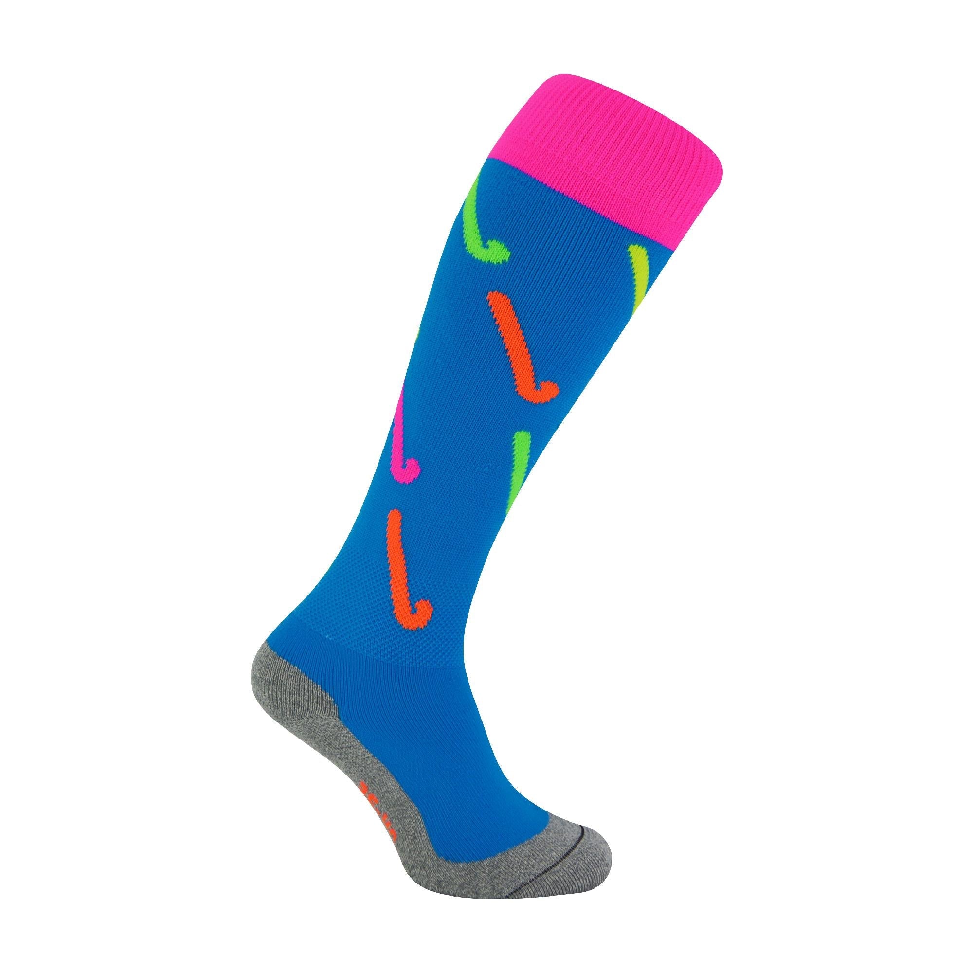 Knee-high hockey sport socks featuring colorful hockey stick designs and moisture-wicking polycolon fabric.