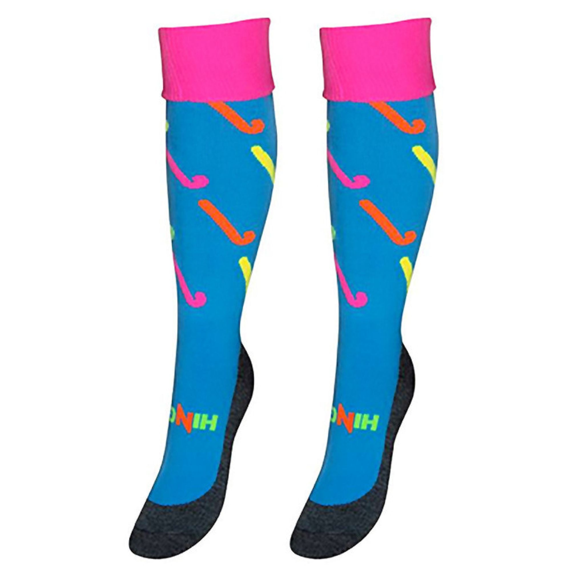 Knee-high hockey sport socks featuring colorful hockey stick designs and moisture-wicking polycolon fabric. — view 3