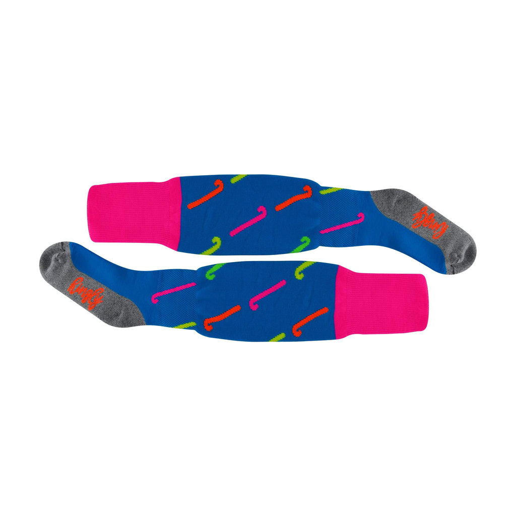 Knee-high hockey sport socks featuring colorful hockey stick designs and moisture-wicking polycolon fabric. — view 2