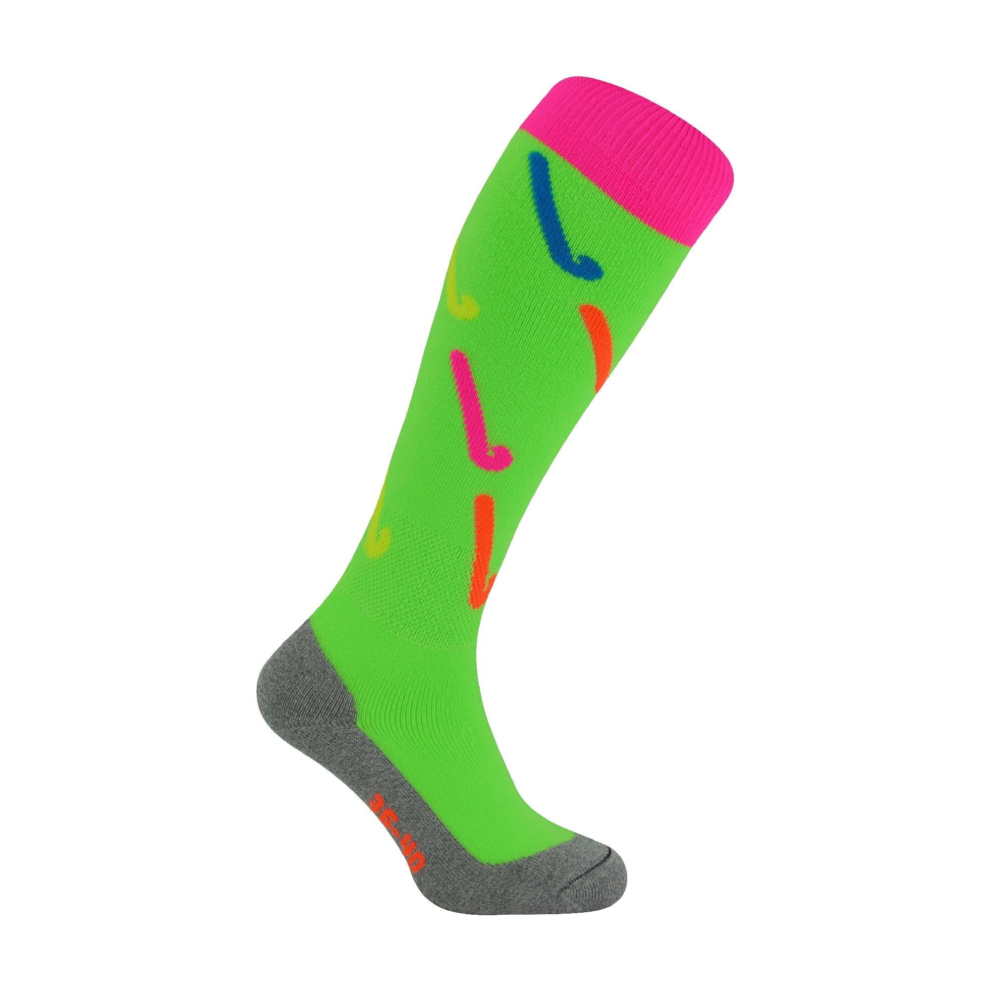Knee-high hockey sport socks featuring colorful hockey stick designs and moisture-wicking polycolon fabric. — view 5