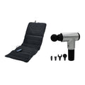 Pursonic full-body heated massage mat and black cordless deep-tissue percussion gun with attachments.