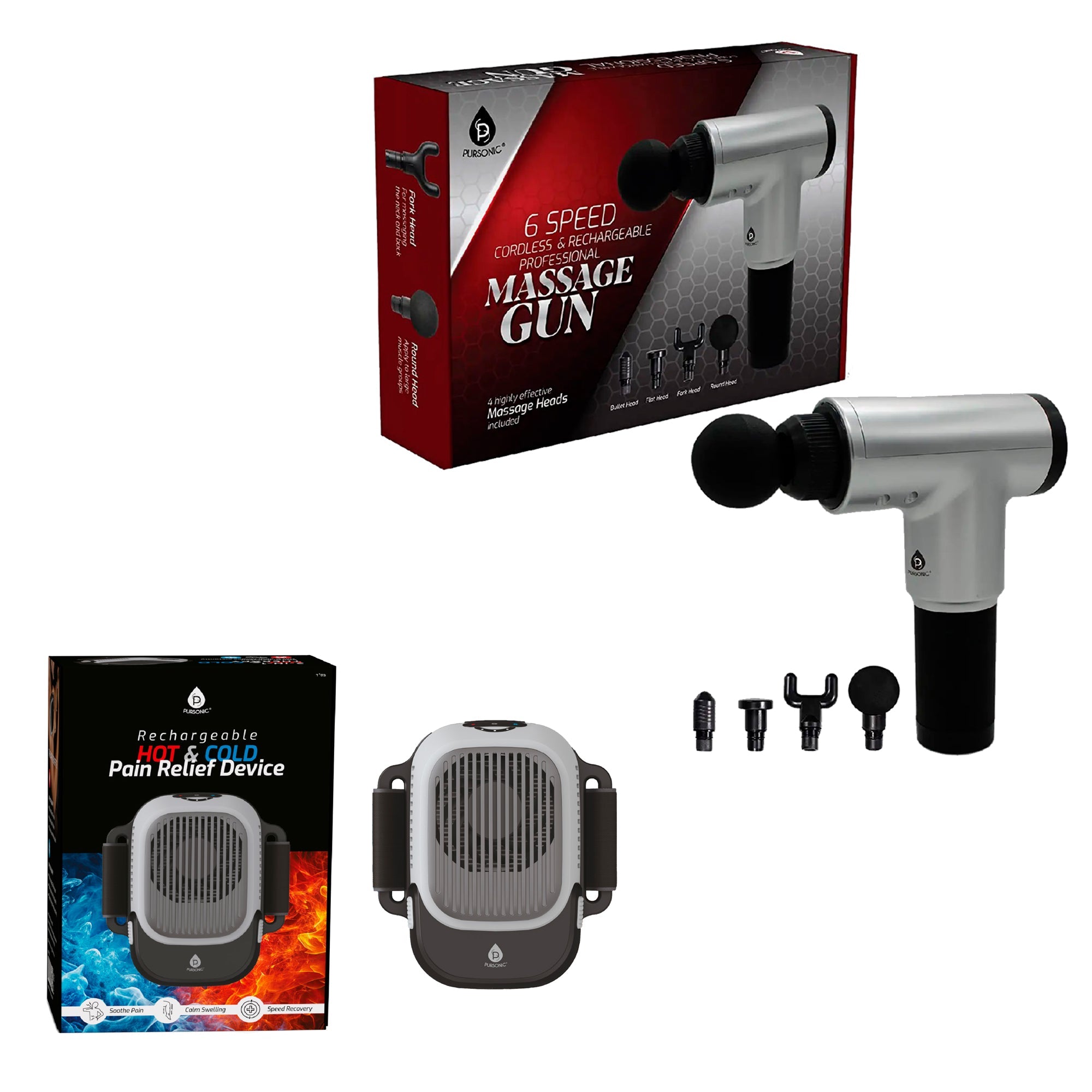 Ultimate muscle recovery duo featuring a cordless deep tissue massage gun and hot cold therapy device