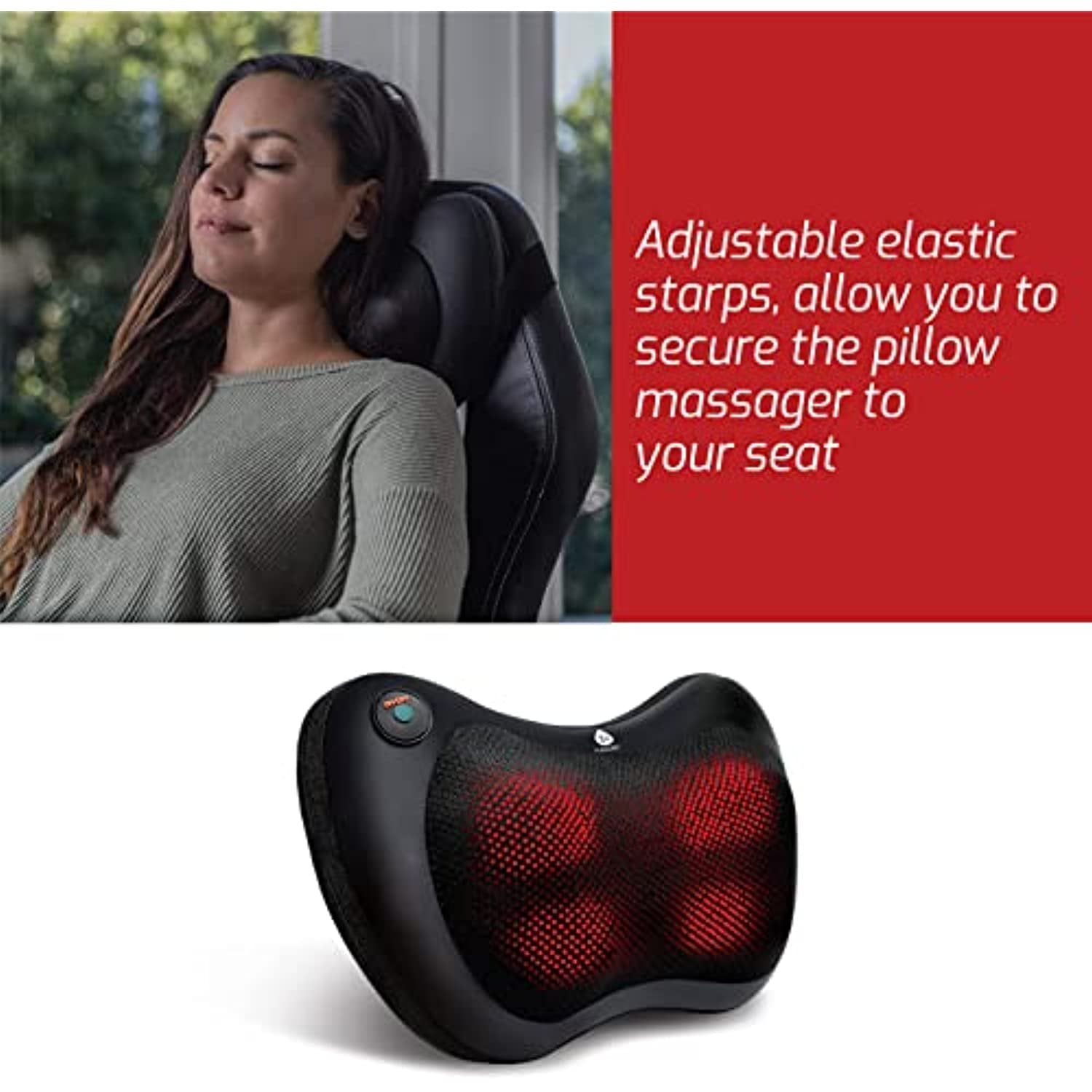 Black shiatsu heating neck and back massager with deep-kneading nodes and adjustable chair strap — view 5