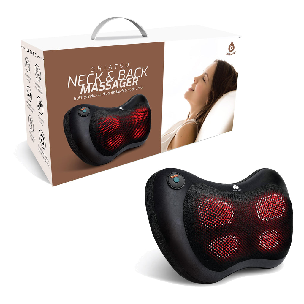 Black shiatsu heating neck and back massager with deep-kneading nodes and adjustable chair strap