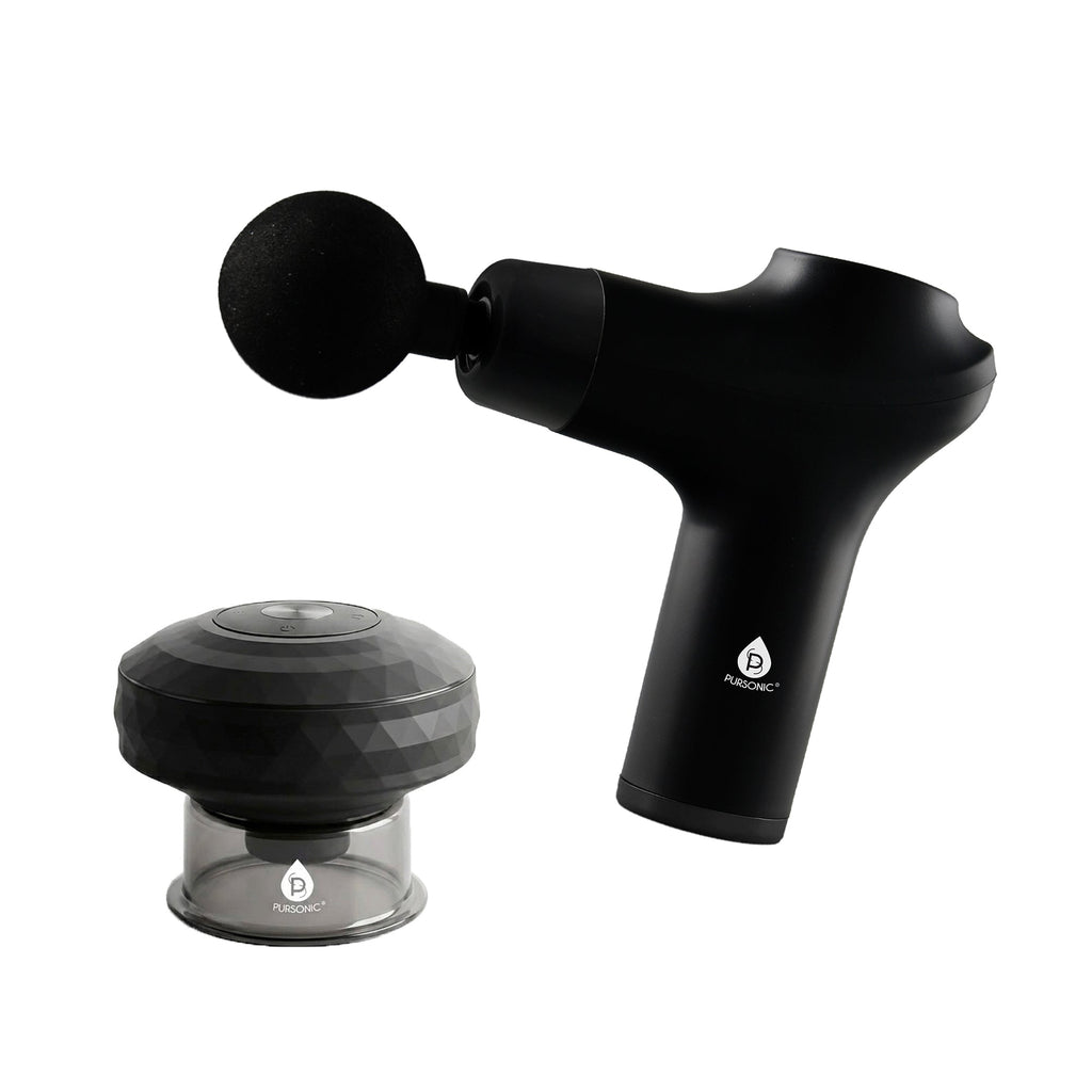Pursonic massage gun and rechargeable cupping therapy device in sleek black for deep tissue recovery