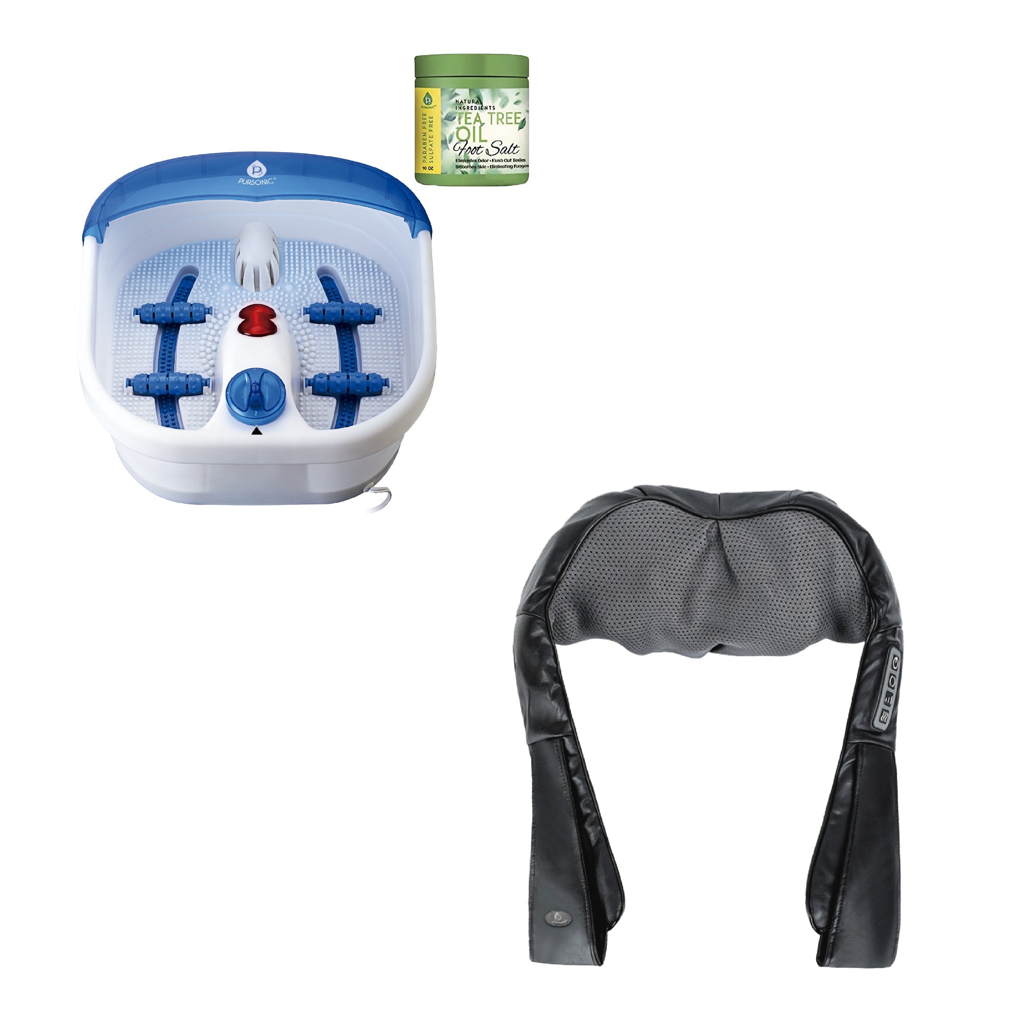Pursonic ultimate recovery bundle with black 3D shiatsu back massager and heated vibrating foot spa