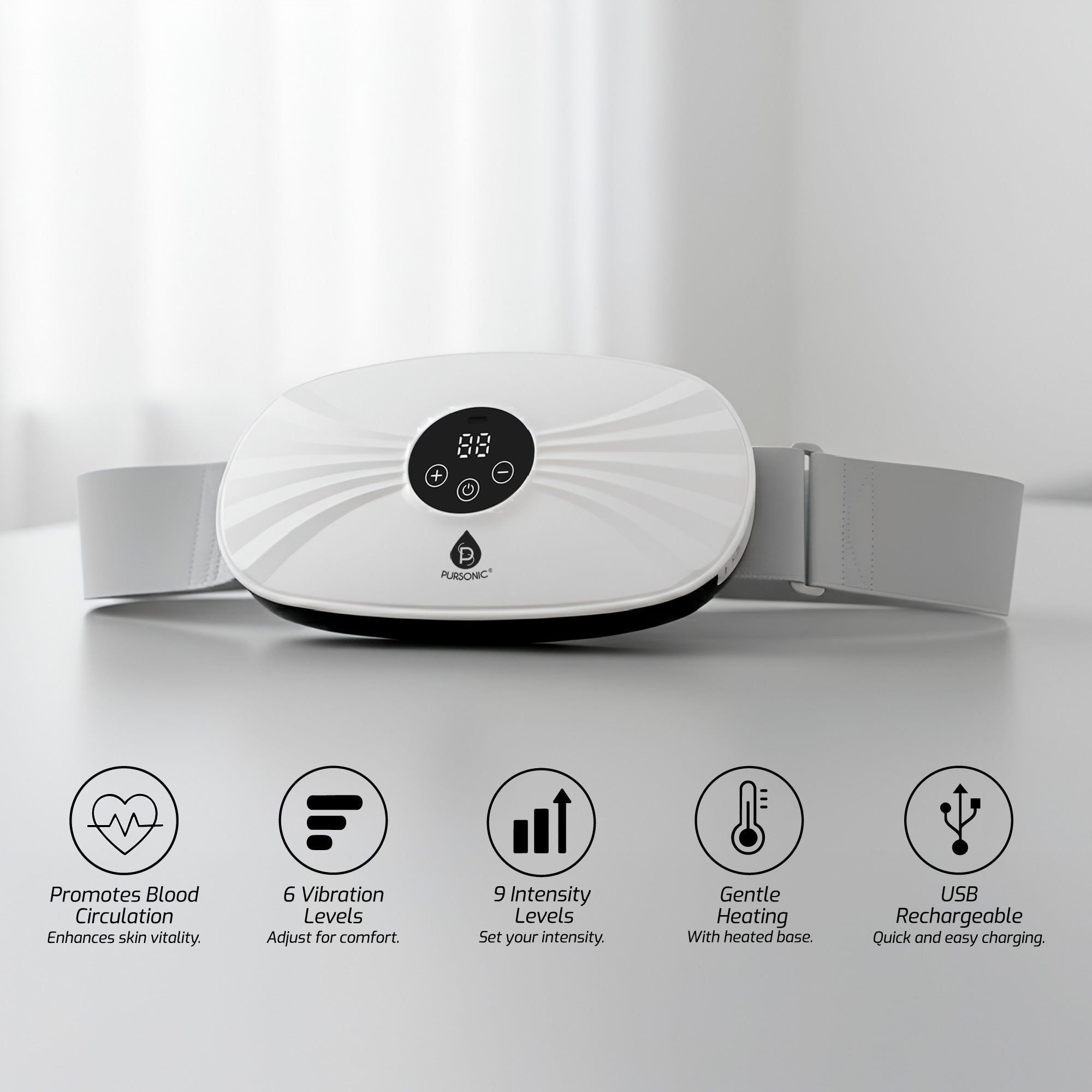 Pursonic rechargeable stomach and back massager, portable wireless wellness device in neutral colors — view 2
