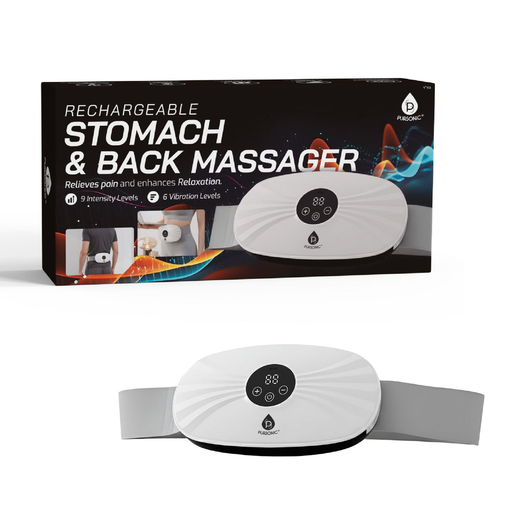 Pursonic rechargeable stomach and back massager, portable wireless wellness device in neutral colors