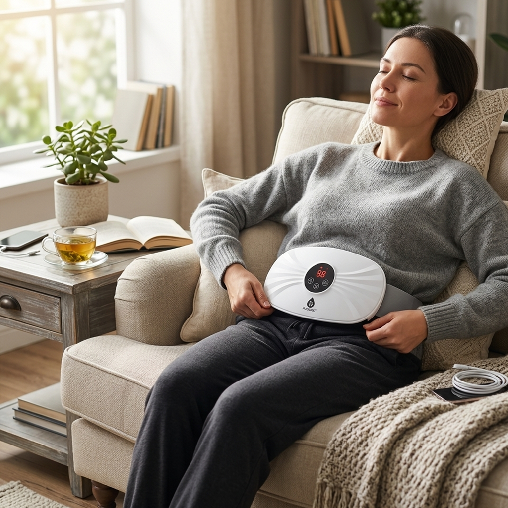 Pursonic rechargeable stomach and back massager, portable wireless wellness device in neutral colors — view 5