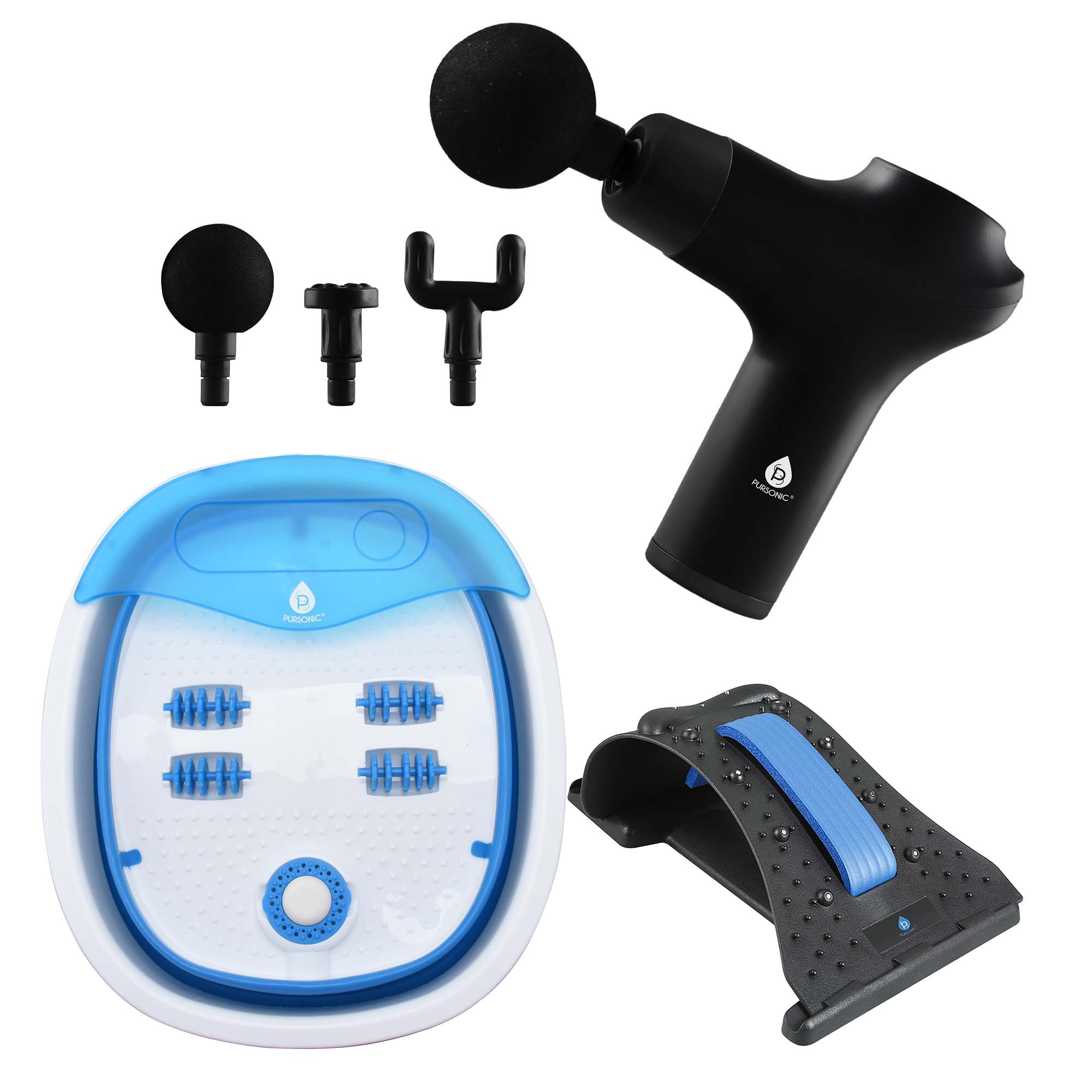 Head-to-toe relaxation bundle featuring a cordless massage gun, folding foot spa, and ergonomic neck stretcher — view 5