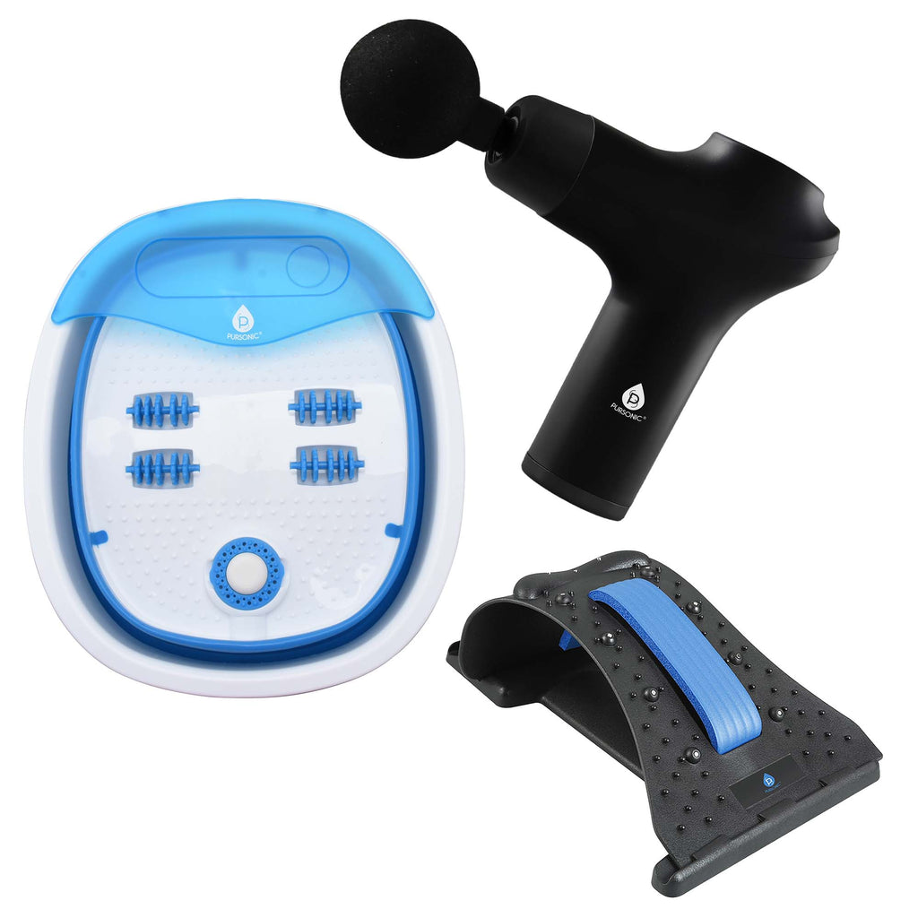 Head-to-toe relaxation bundle featuring a cordless massage gun, folding foot spa, and ergonomic neck stretcher