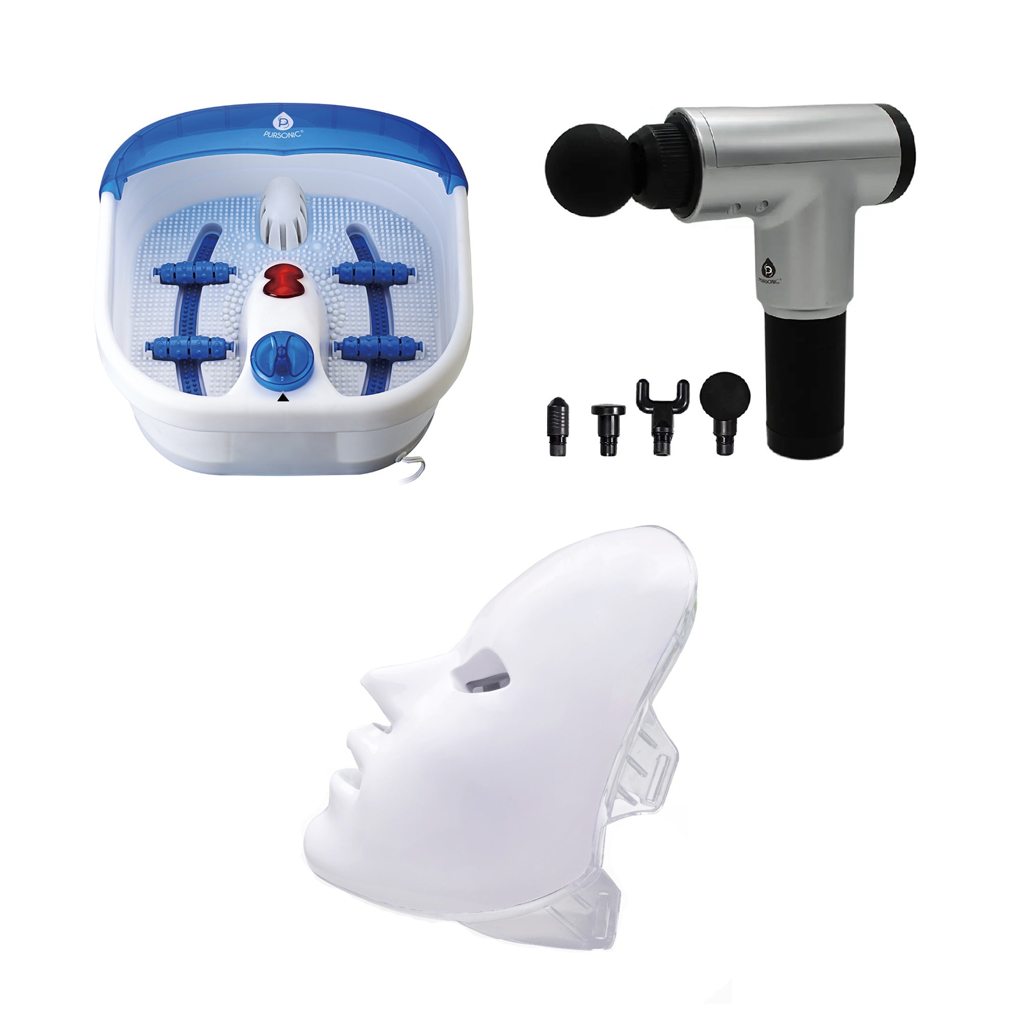 Complete self-care system with heated foot spa, percussion massage gun, and silicone LED beauty mask