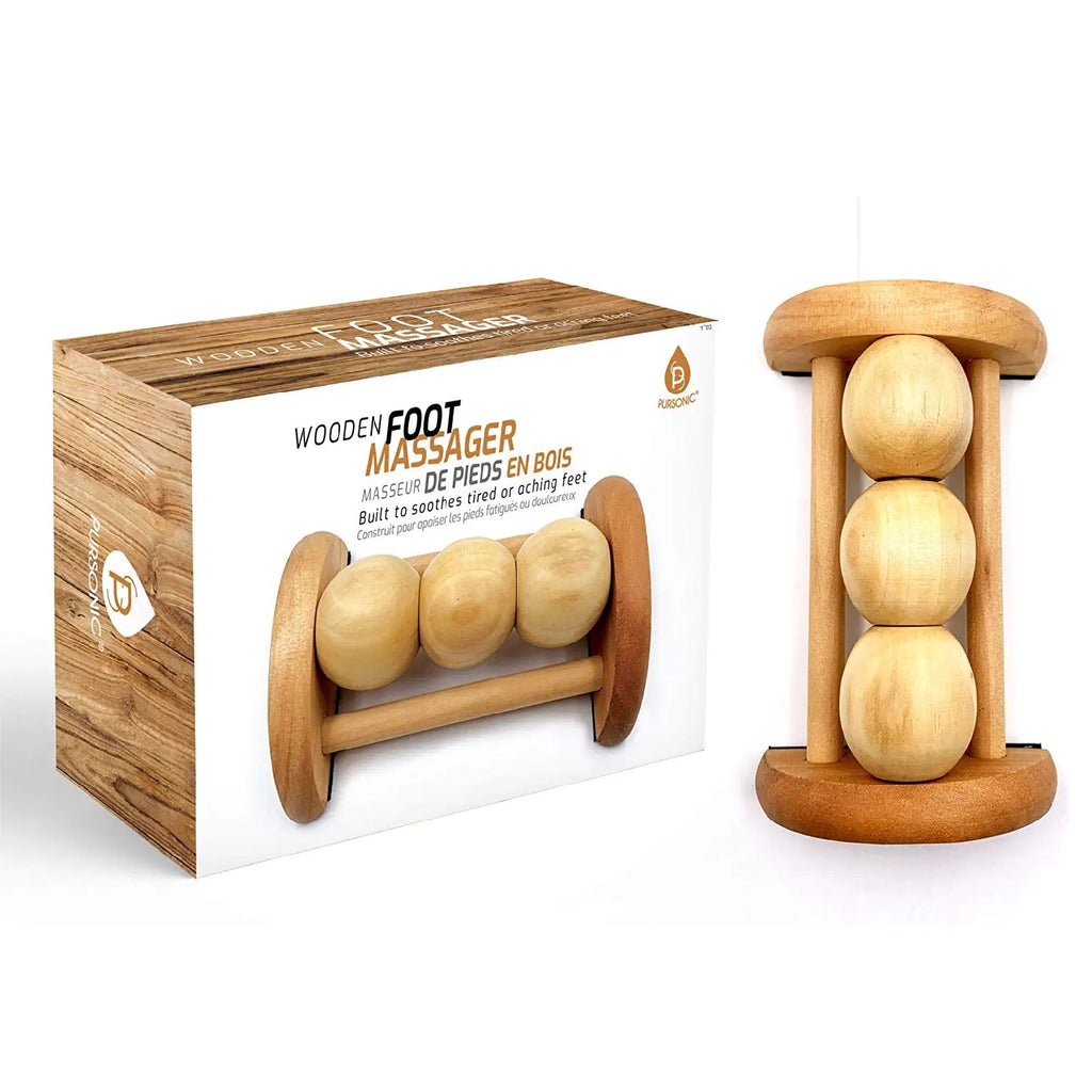 All natural wooden foot massager roller with ergonomic curved design and independent textured massage nodules