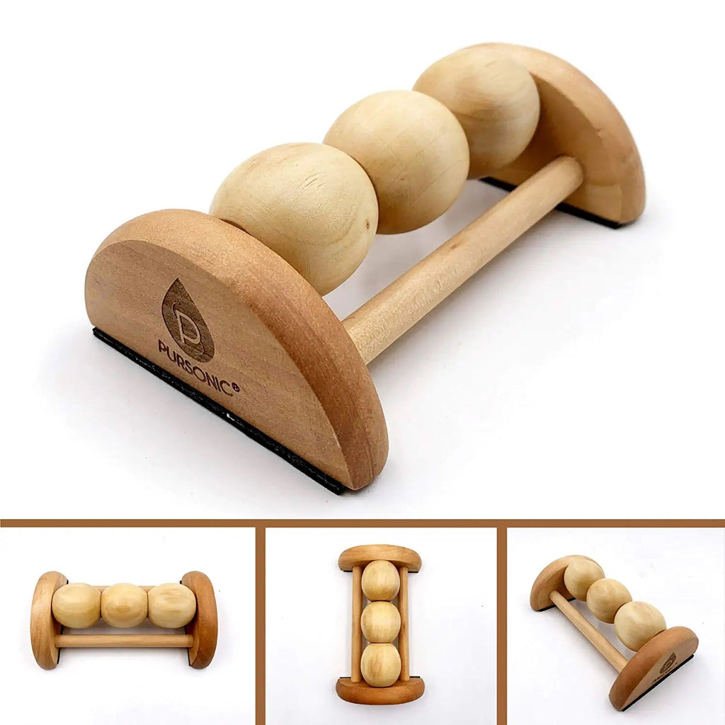 All natural wooden foot massager roller with ergonomic curved design and independent textured massage nodules — view 3