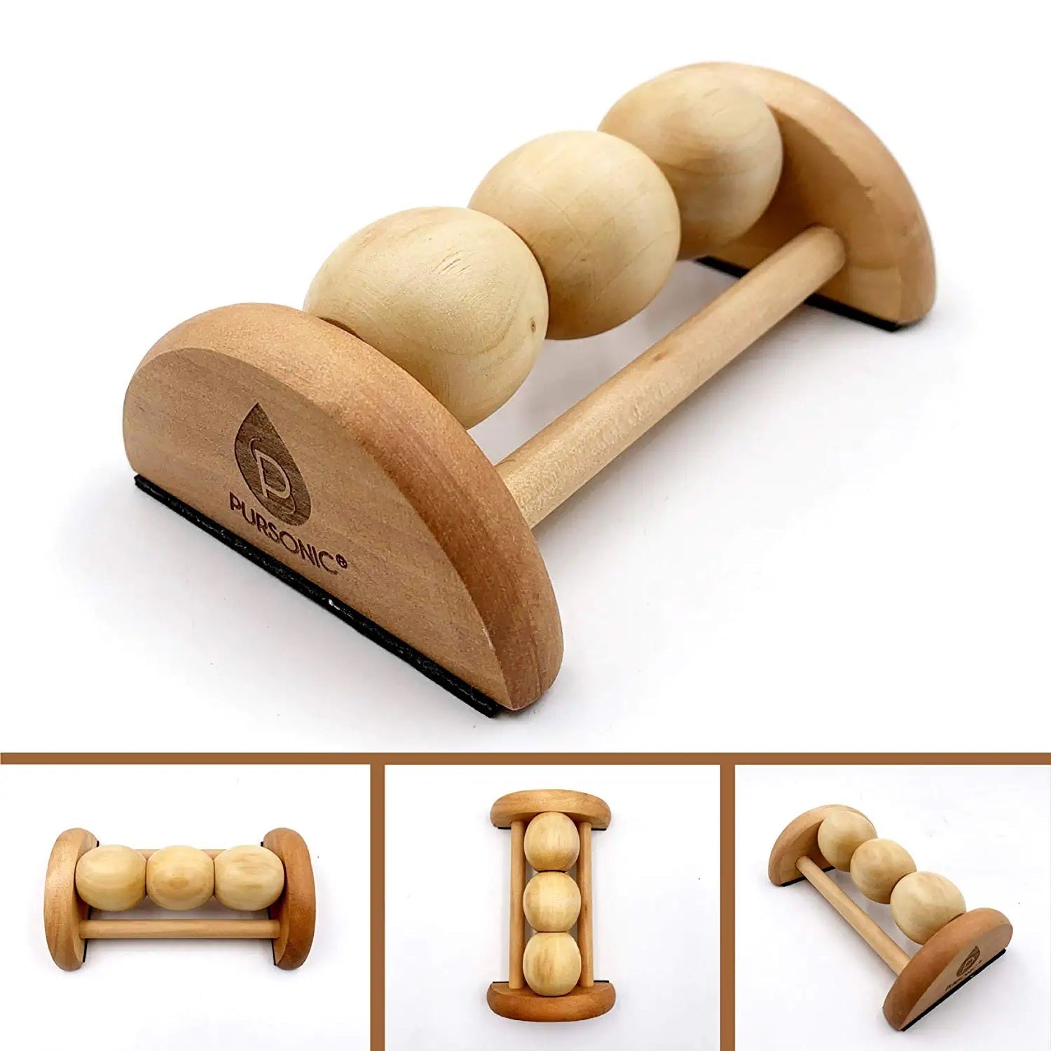All natural wooden foot massager roller with ergonomic curved design and independent textured massage nodules — view 3