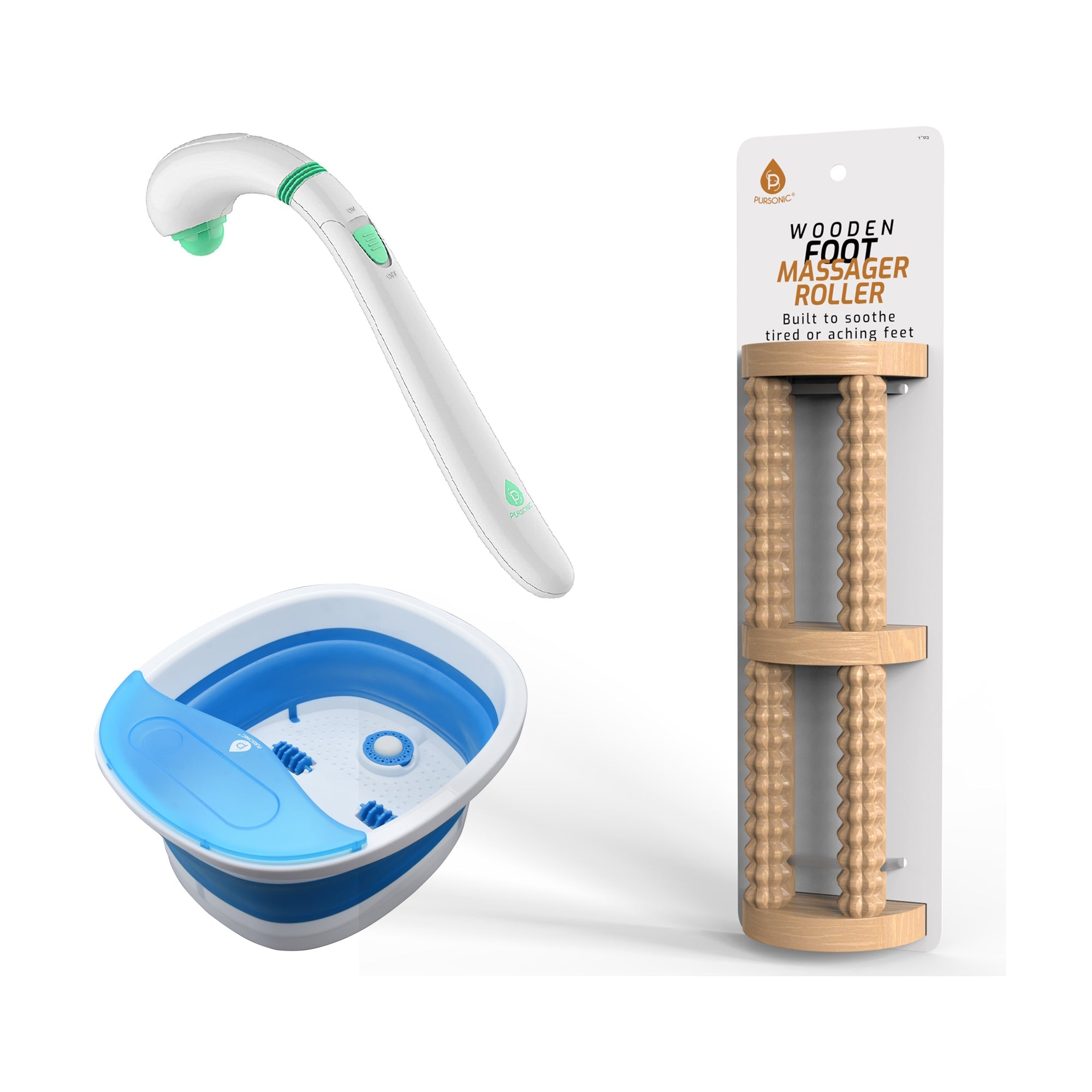 Home spa relaxation trio featuring wooden foot massager, collapsible footbath, and portable handheld massager.