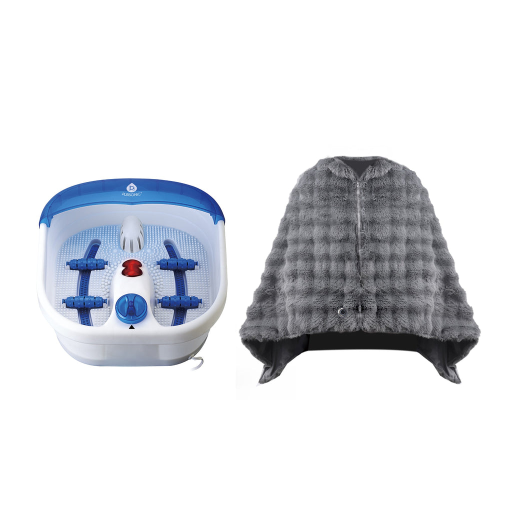 Plush faux fur electric heated poncho shawl and vibrating foot spa set with tea tree soak