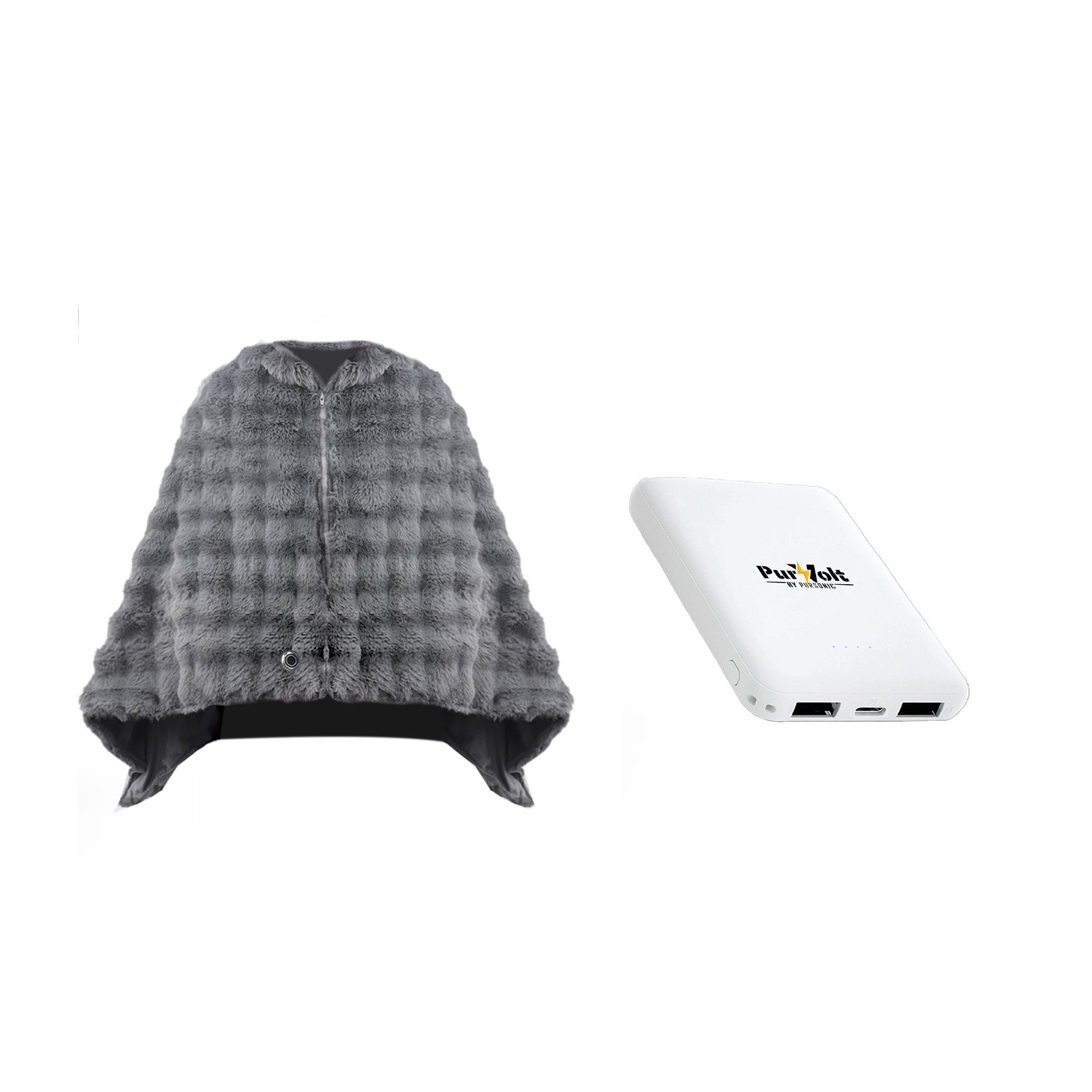 Plush heated poncho shawl in soft faux fur with compact 5000mAh power bank.
