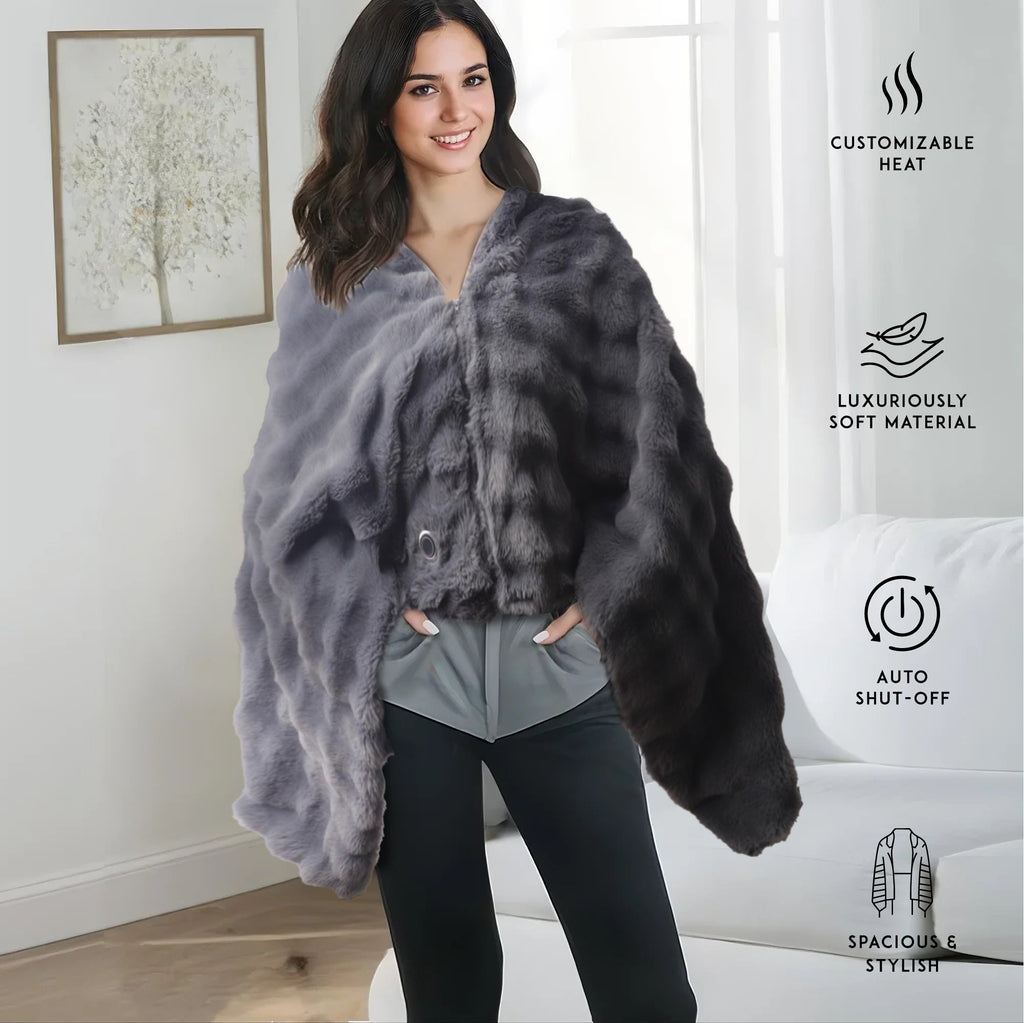 Plush faux fur electric heated poncho shawl and vibrating foot spa set with tea tree soak — view 4