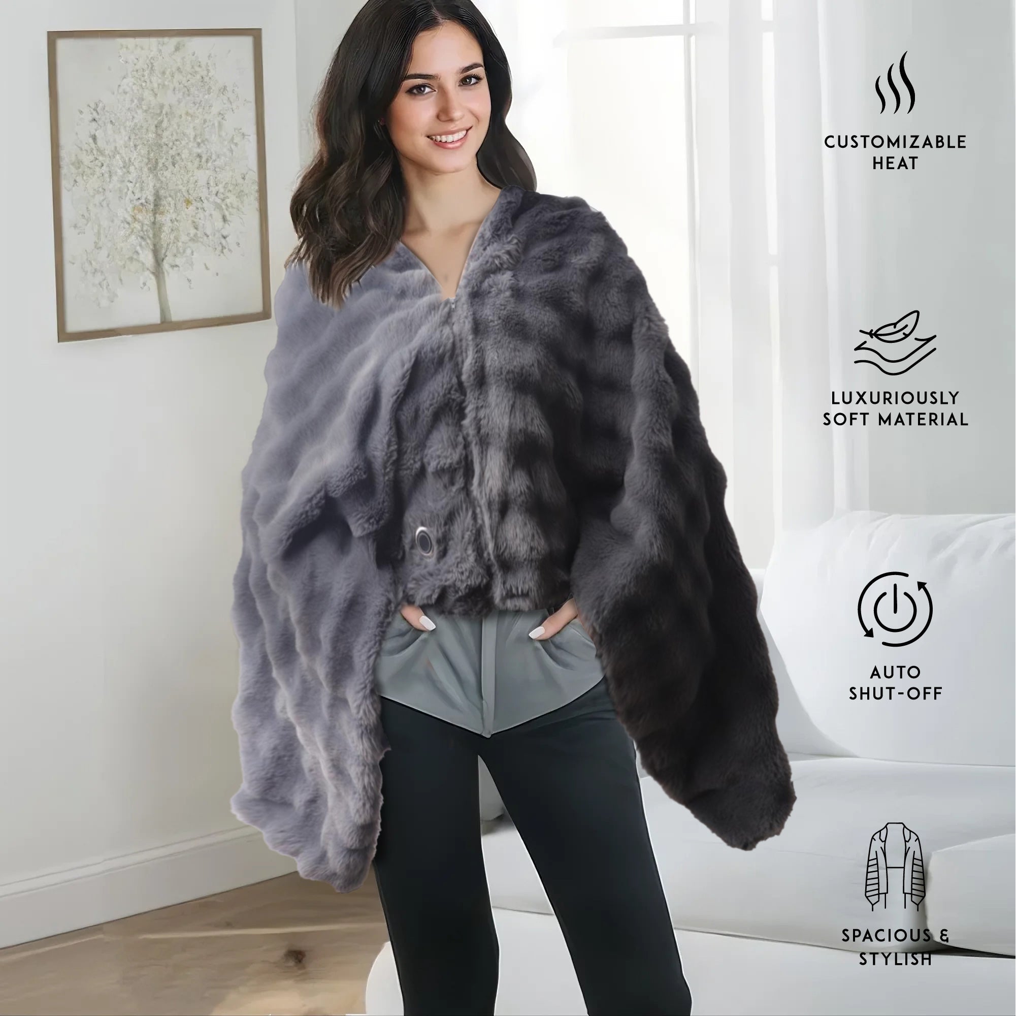 Plush faux fur electric heated poncho shawl and vibrating foot spa set with tea tree soak — view 4