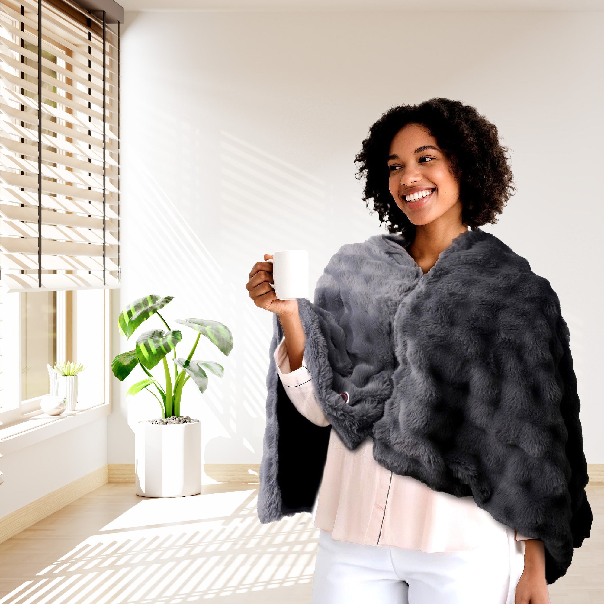 Plush heated poncho shawl in soft faux fur with compact 5000mAh power bank. — view 5