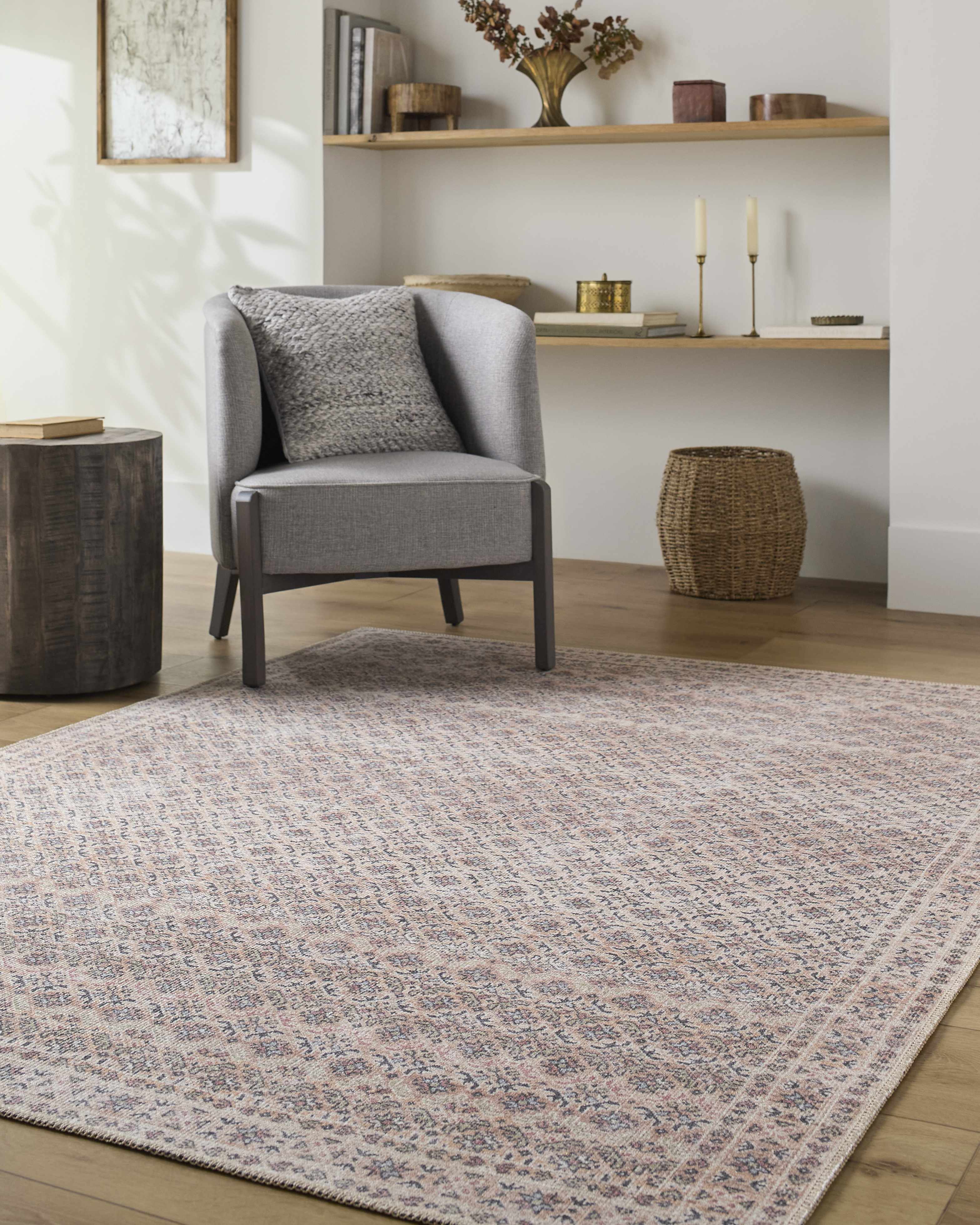 Azalee washable runner rug in beige and rust traditional oriental pattern on a wooden floor — view 2