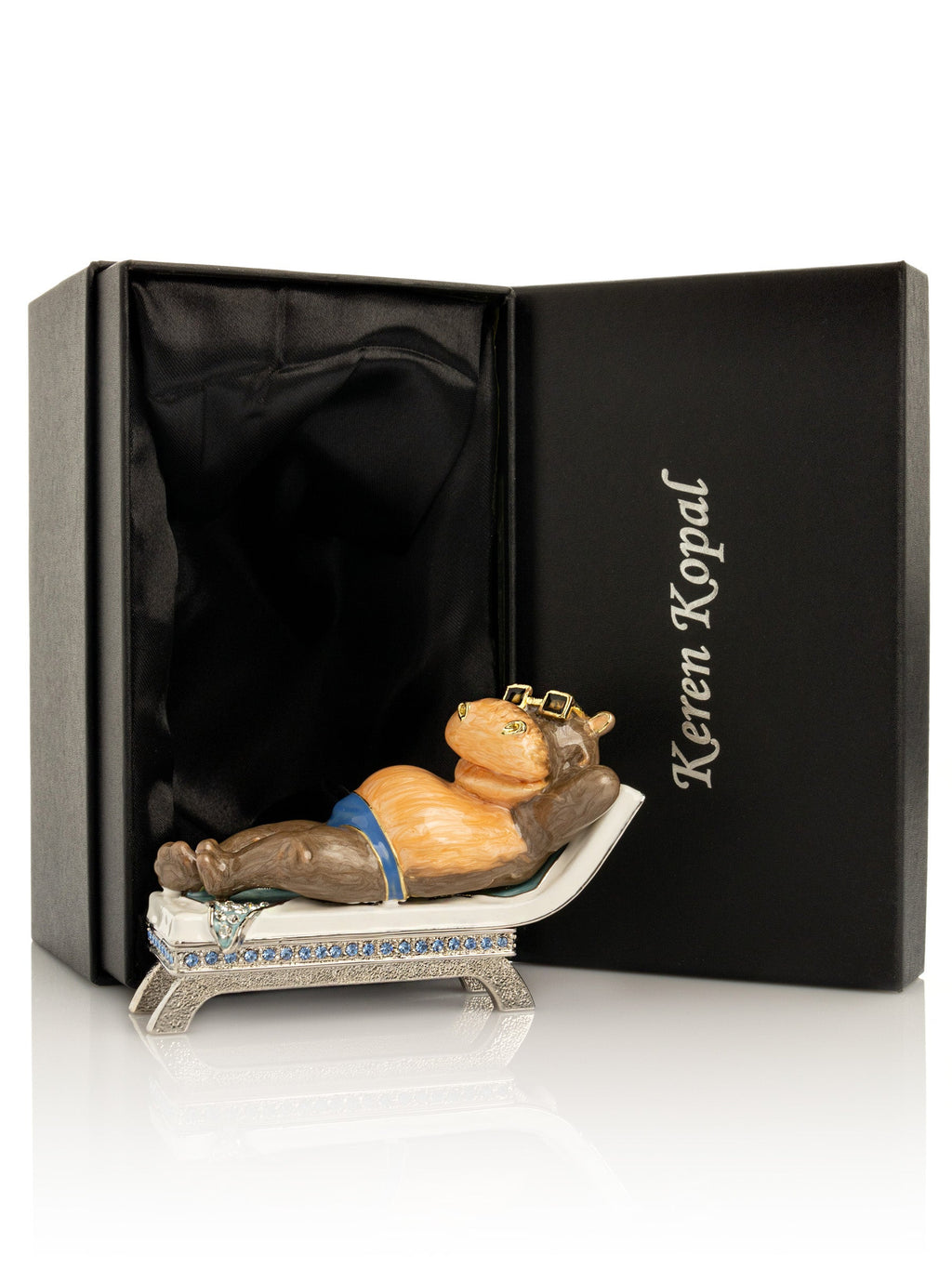 Relaxing hippo trinket box lounging on a sunbed, plated in 24K gold with Austrian crystals — view 3