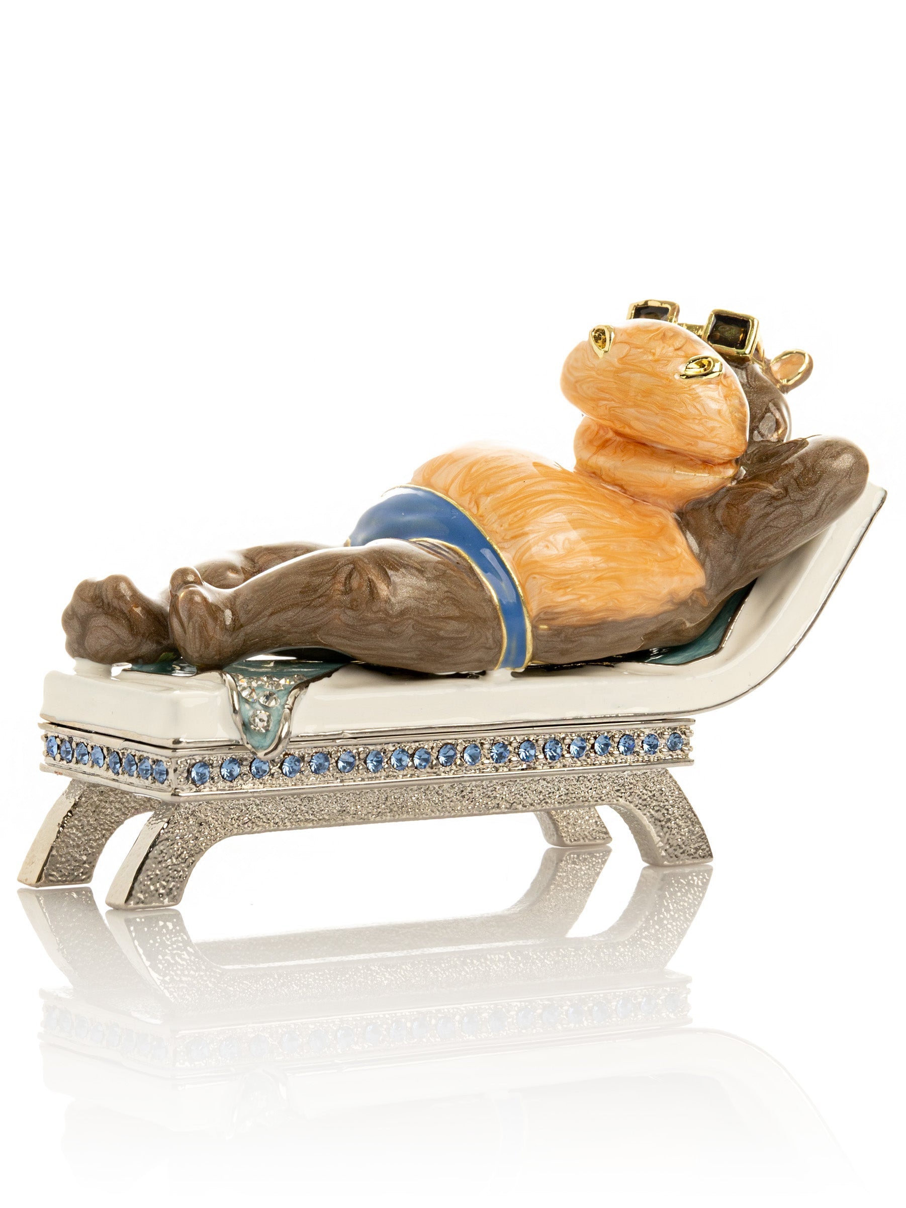 Relaxing hippo trinket box lounging on a sunbed, plated in 24K gold with Austrian crystals — view 4