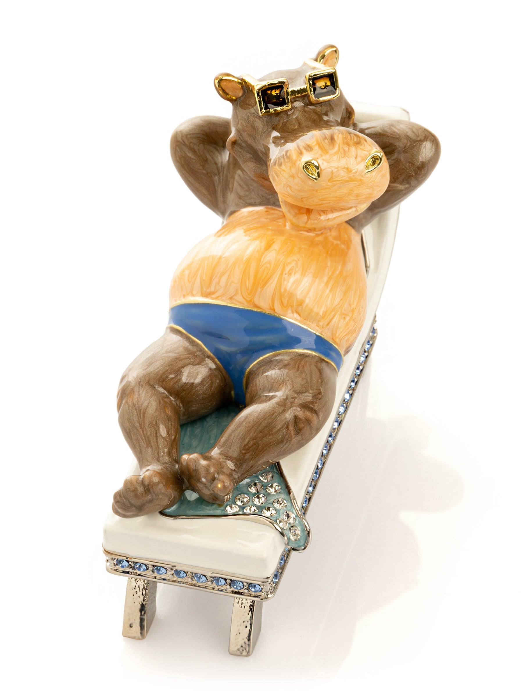 Relaxing hippo trinket box lounging on a sunbed, plated in 24K gold with Austrian crystals
