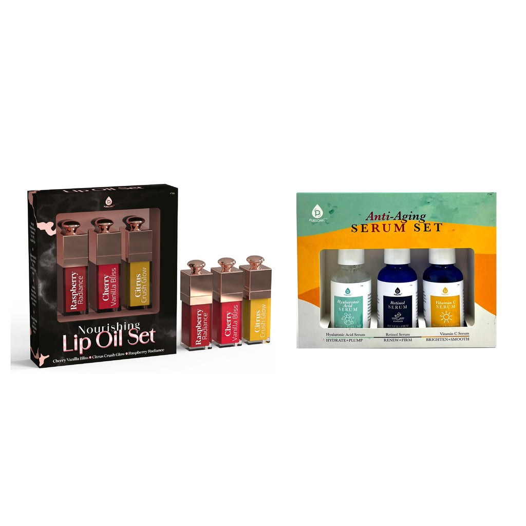 Anti-aging serum and lip oil set featuring three skincare bottles and three tinted lip glosses