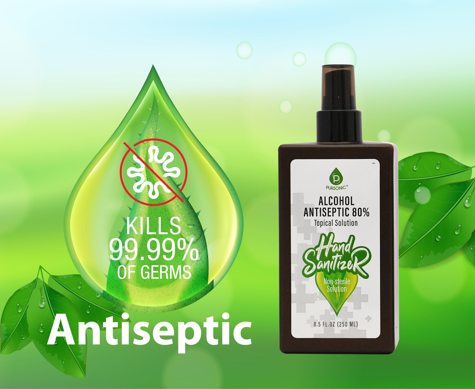 Pursonic moisturizing hand sanitizer 80 percent alcohol in 8oz pump bottle for daily hygiene — view 3