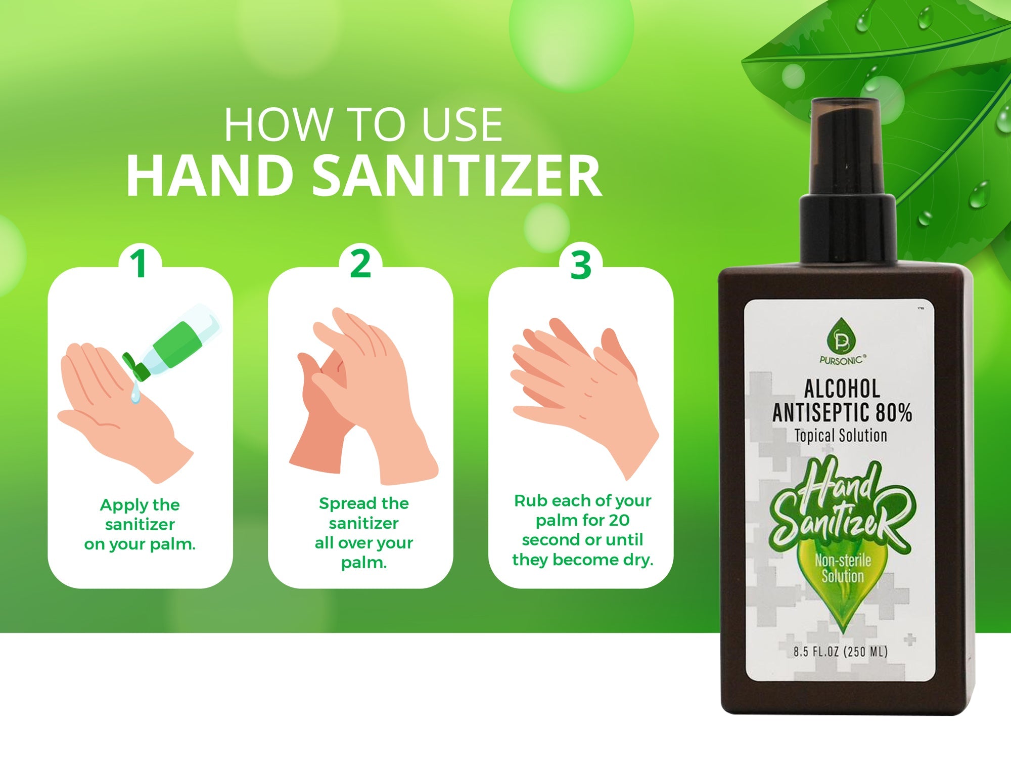 Pursonic moisturizing hand sanitizer 80 percent alcohol in 8oz pump bottle for daily hygiene — view 4