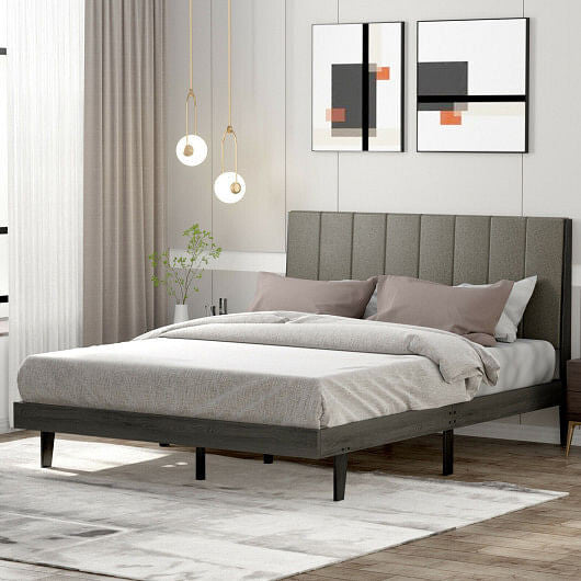 Queen size upholstered bed frame with vertical channel tufted headboard and under-bed storage space — view 2