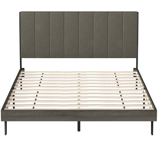 Queen size upholstered bed frame with vertical channel tufted headboard and under-bed storage space — view 5