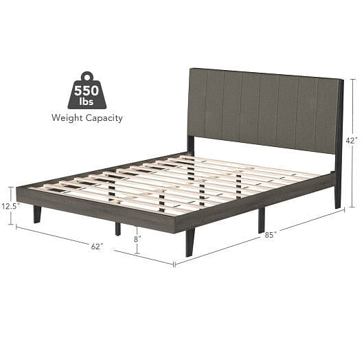 Queen size upholstered bed frame with vertical channel tufted headboard and under-bed storage space — view 3