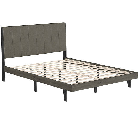 Queen size upholstered bed frame with vertical channel tufted headboard and under-bed storage space
