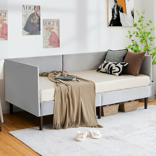 Gray velvet twin size daybed frame with wooden slats, soft padding, and under bed clearance — view 2