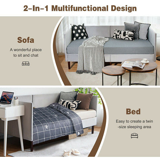 Gray velvet twin size daybed frame with wooden slats, soft padding, and under bed clearance — view 4