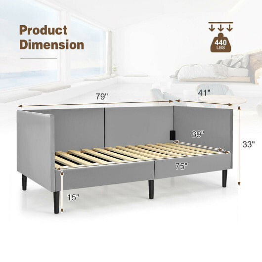 Gray velvet twin size daybed frame with wooden slats, soft padding, and under bed clearance — view 5