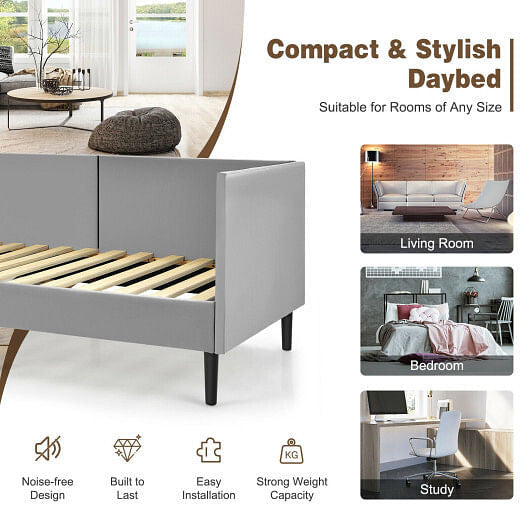 Gray velvet twin size daybed frame with wooden slats, soft padding, and under bed clearance — view 3