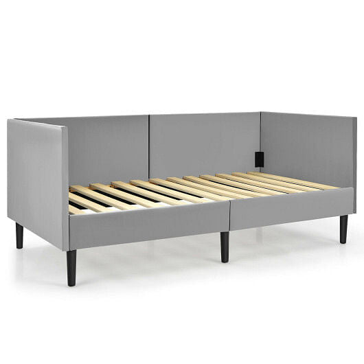 Gray velvet twin size daybed frame with wooden slats, soft padding, and under bed clearance