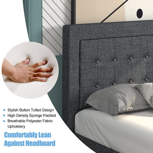 Twin size upholstered bed frame featuring a grey button tufted headboard and under-bed storage clearance — view 4