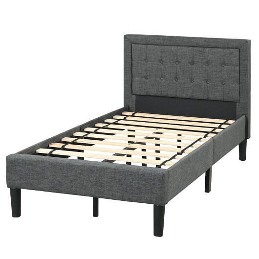 Twin size upholstered bed frame featuring a grey button tufted headboard and under-bed storage clearance — view 5
