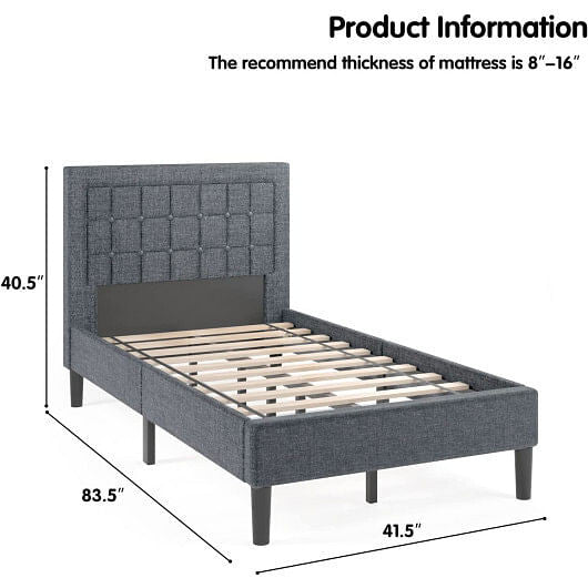Twin size upholstered bed frame featuring a grey button tufted headboard and under-bed storage clearance — view 3